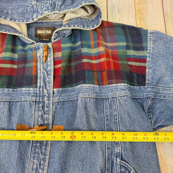 Braetan Vintage Denim Jacket Large Plaid Flannel Blue Jean 90s Hoodie Coat - Picture 8 of 10